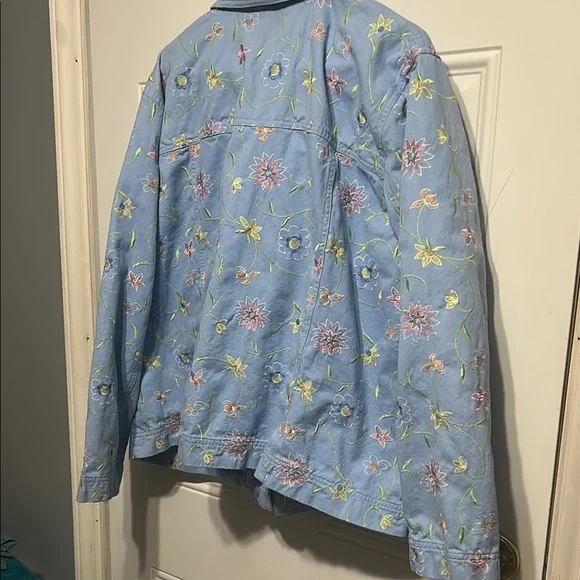 Blue and Pink Floral Embroidered Jean Jacket - Picture 3 of 11